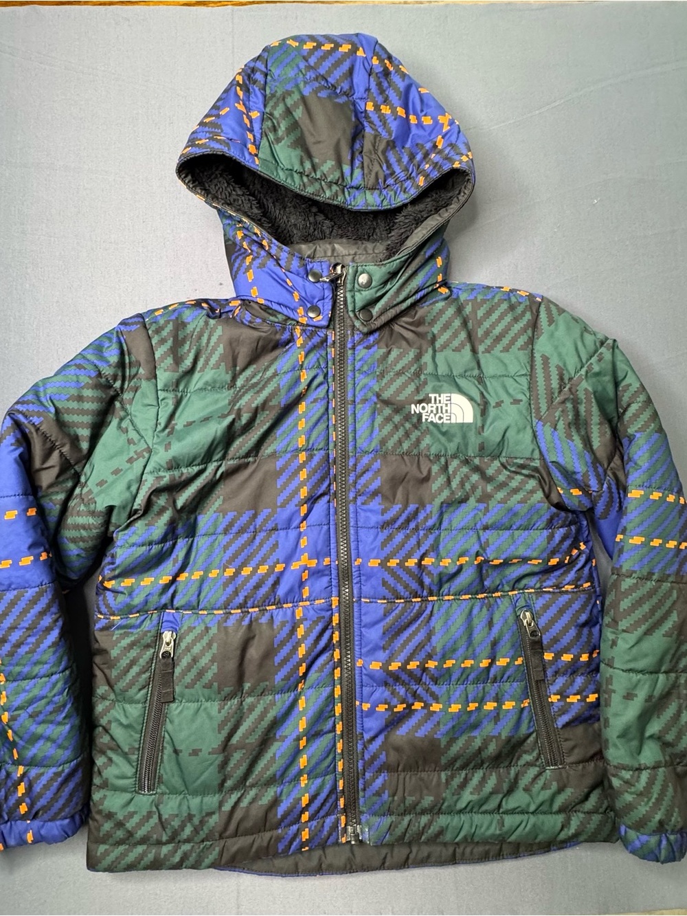 The North Face Coat Boy's M Blue Green Plaid Puffer Jacket Reversible Pile 1268